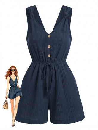 Blauer 50er Romper mit V-Ausschnitt und Knopfleiste