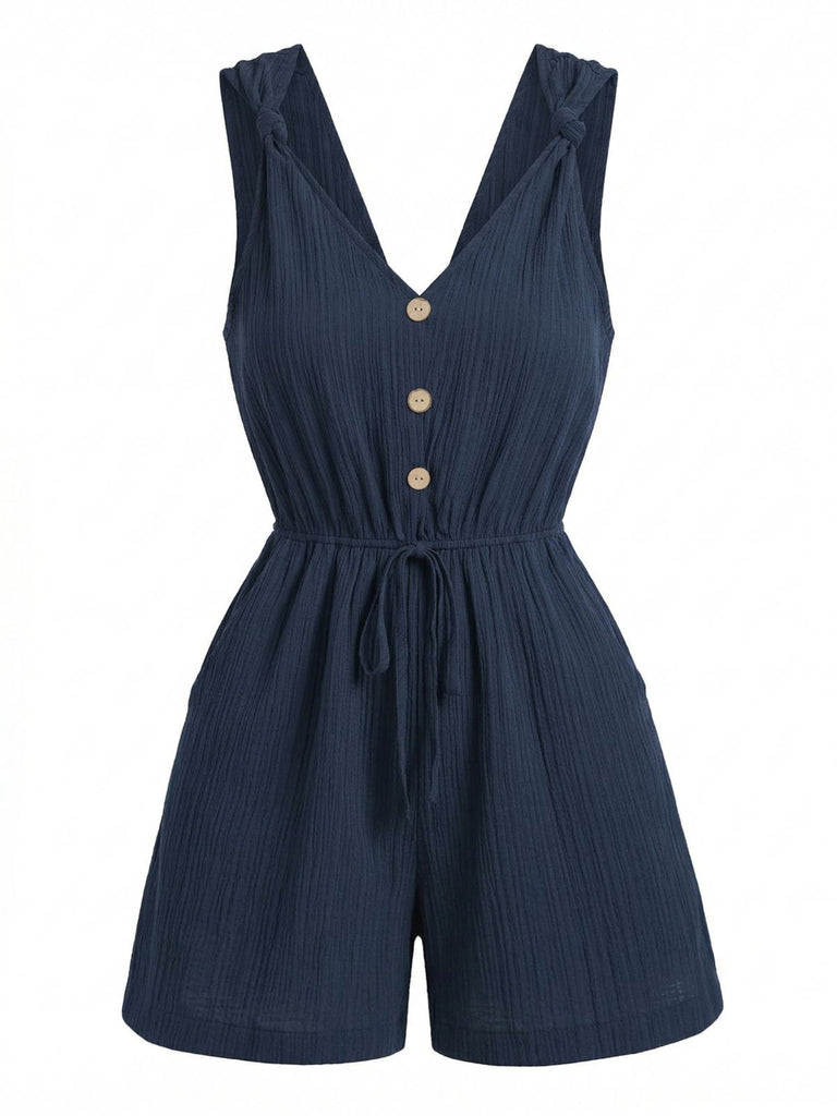 Blauer 50er Romper mit V-Ausschnitt und Knopfleiste