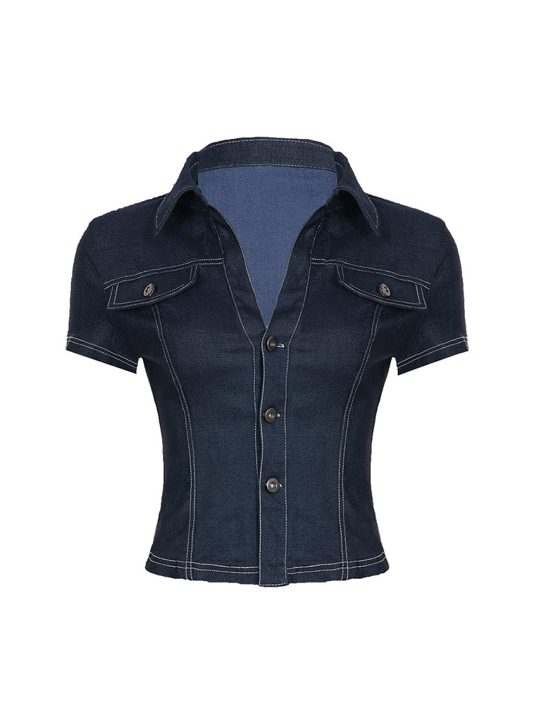 Blau 60er Jeans-Shirt mit Kurzarm und Reverskragen