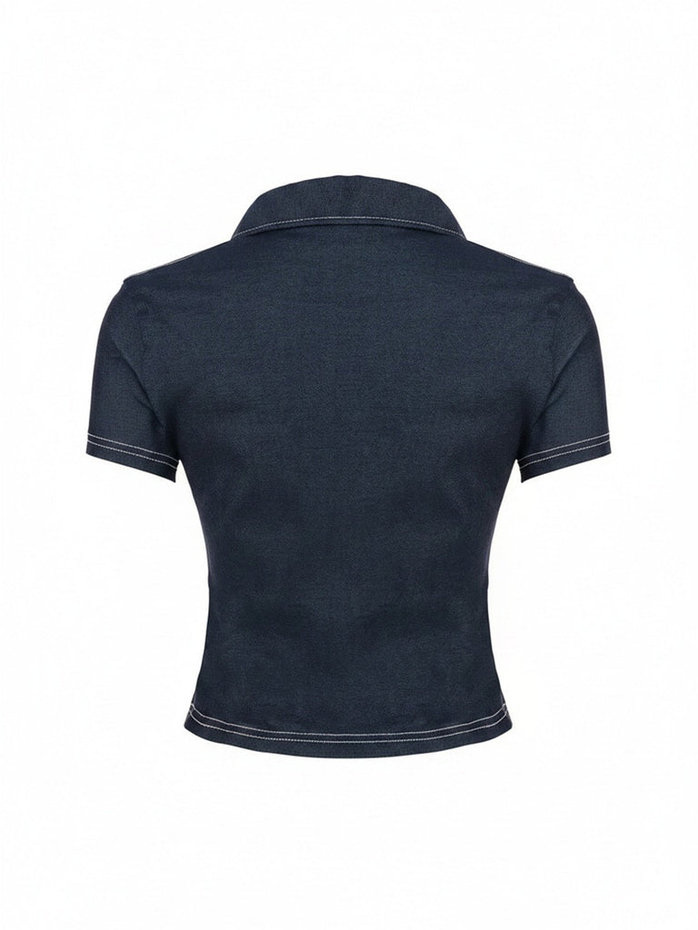 Blau 60er Jeans-Shirt mit Kurzarm und Reverskragen