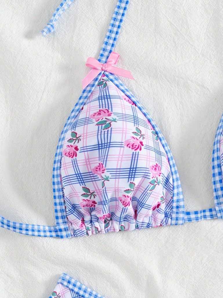 Blau 60er Bikini-Set & Shorts mit Neckholder und Blumen