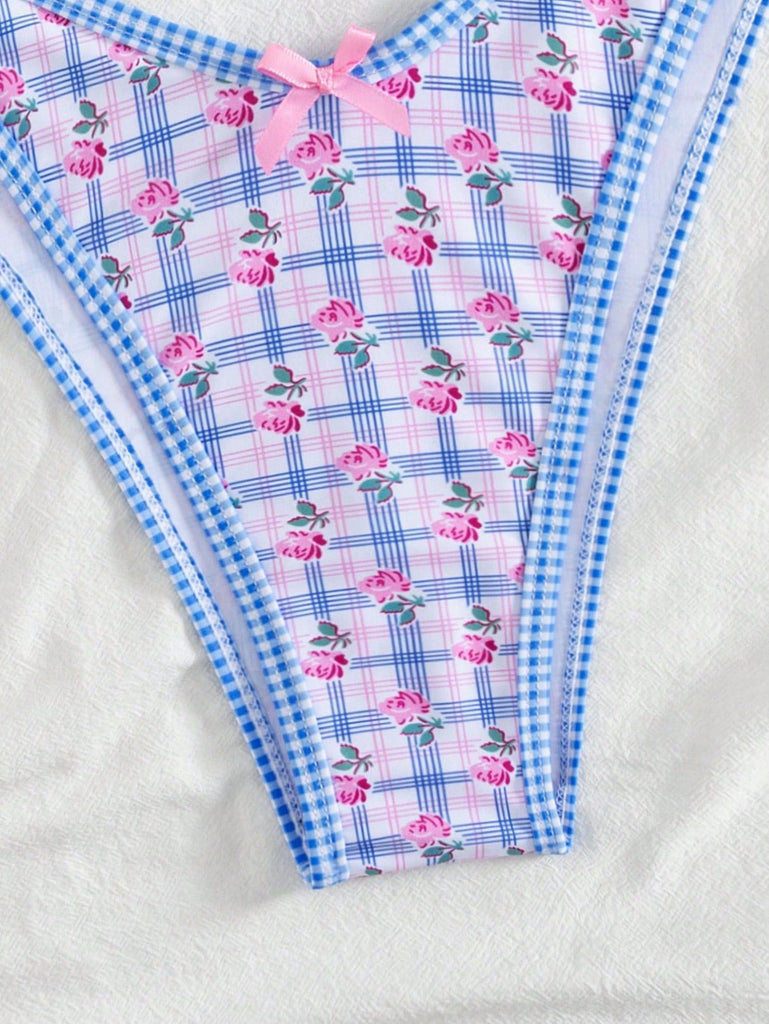 Blau 60er Bikini-Set & Shorts mit Neckholder und Blumen