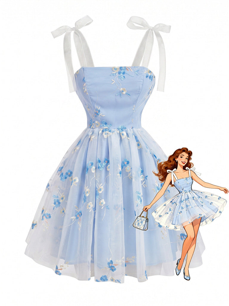 Blaues 60er Kleid mit Spaghettiträger und Schleife