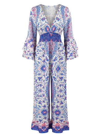 Blauer 70er Bohemian Jumpsuit mit Ditsy-Blumen und Schlag