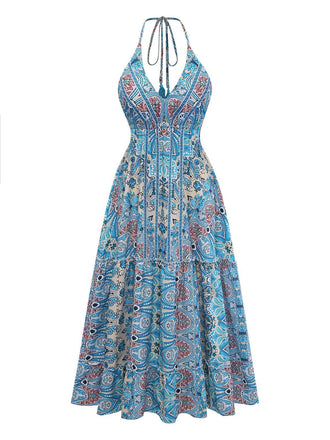 Blaues 70er Boho Midikleid mit Neckholder und Paisley