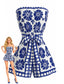 Blauer 70er Trägerloser Romper mit Blumen und Gürtel