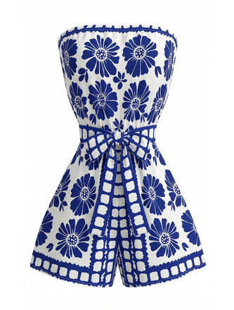 Blau 1970er Blumen Trägerlos Gürtel Romper