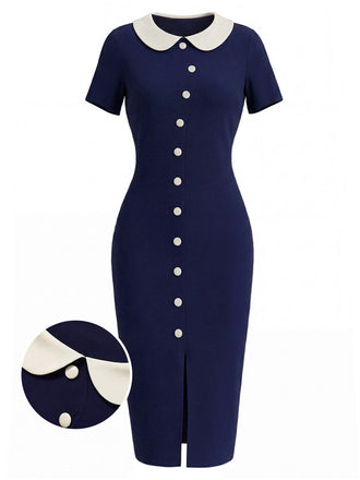 Blaues 60er Strick-Kleid mit Peter-Pan-Kragen
