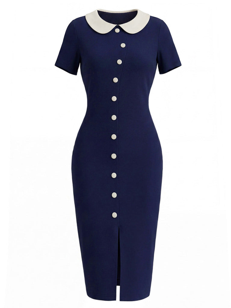 Blaues 60er Strick-Kleid mit Peter-Pan-Kragen