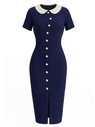 Blaues 60er Strick-Kleid mit Peter-Pan-Kragen