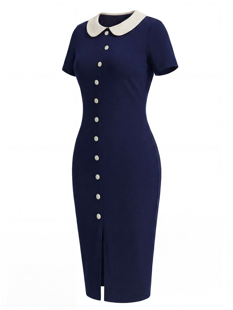 Blaues 60er Strick-Kleid mit Peter-Pan-Kragen