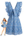 Blaues 70er Minikleid mit V-Ausschnitt und Rüschen