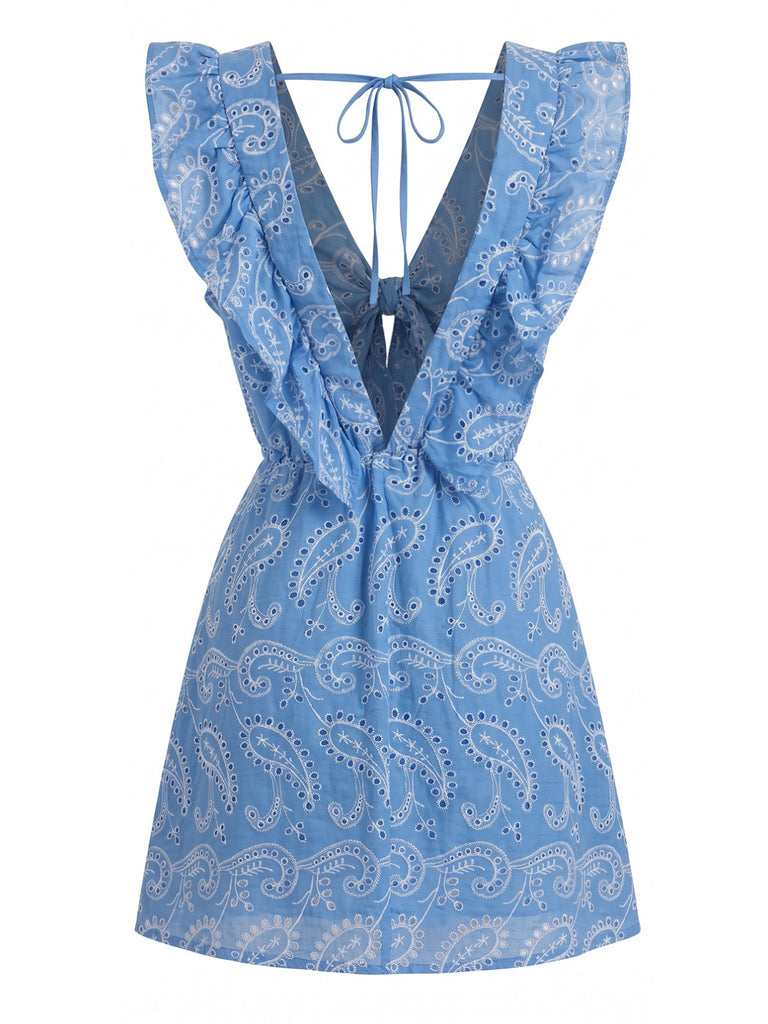 Blaues 70er Minikleid mit V-Ausschnitt und Rüschen