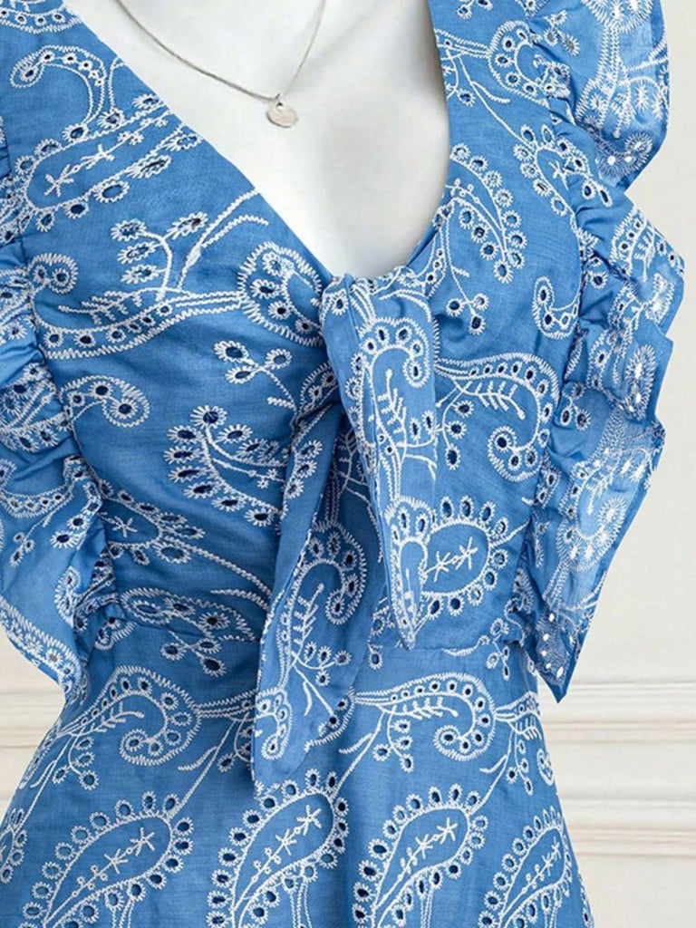 Blaues 70er Minikleid mit V-Ausschnitt und Rüschen