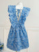 Blaues 70er Minikleid mit V-Ausschnitt und Rüschen