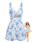 Blauer 70er Smock-Romper mit Blumen und V-Ausschnitt