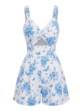 Blauer 70er Romper mit V-Ausschnitt und Blumen