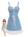 Blaues 80er Jeans-Korsett-Kleid mit Spaghettiträger und Spitze