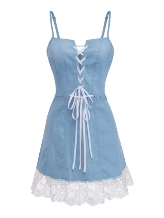 Blaues 80er Jeans-Korsett-Kleid mit Spaghettiträger und Spitze