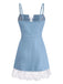 Blaues 80er Jeans-Korsett-Kleid mit Spaghettiträger und Spitze