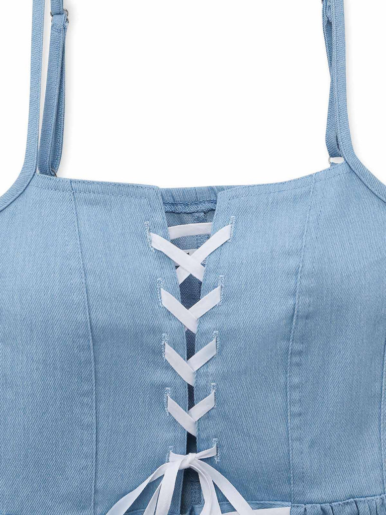 Blaues 80er Jeans-Korsett-Kleid mit Spaghettiträger und Spitze
