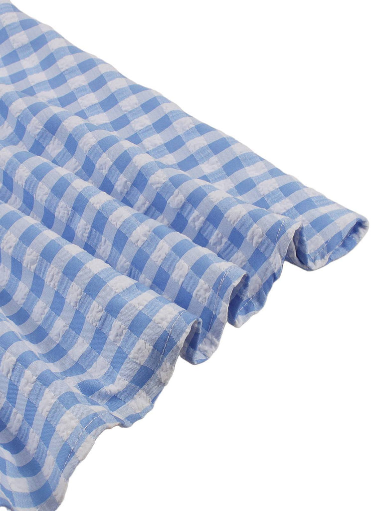 Blaues kariertes Rüschen-Swingkleid aus den 1950er Jahren