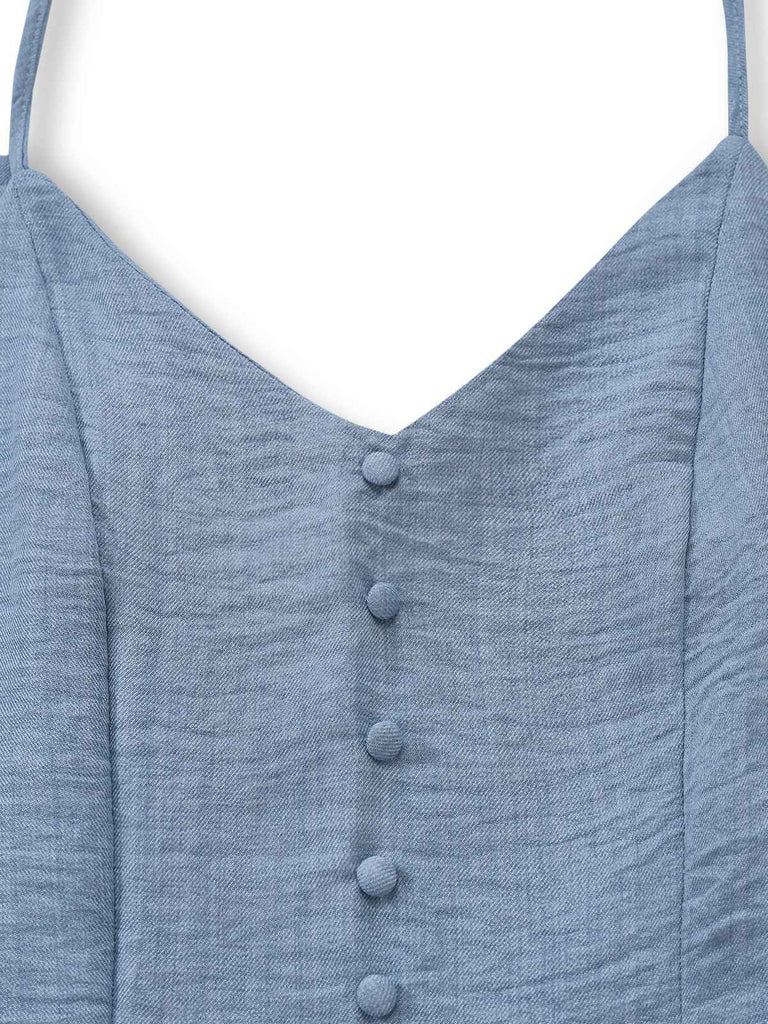 Blauer Jumpsuit im Stil der 1930er Jahre mit tiefem V-Ausschnitt, Stufenrock und Raffungen am Brustbereich