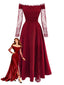 Bordeauxrot 1930er Schulterfrei Spitze Langarm Kleid