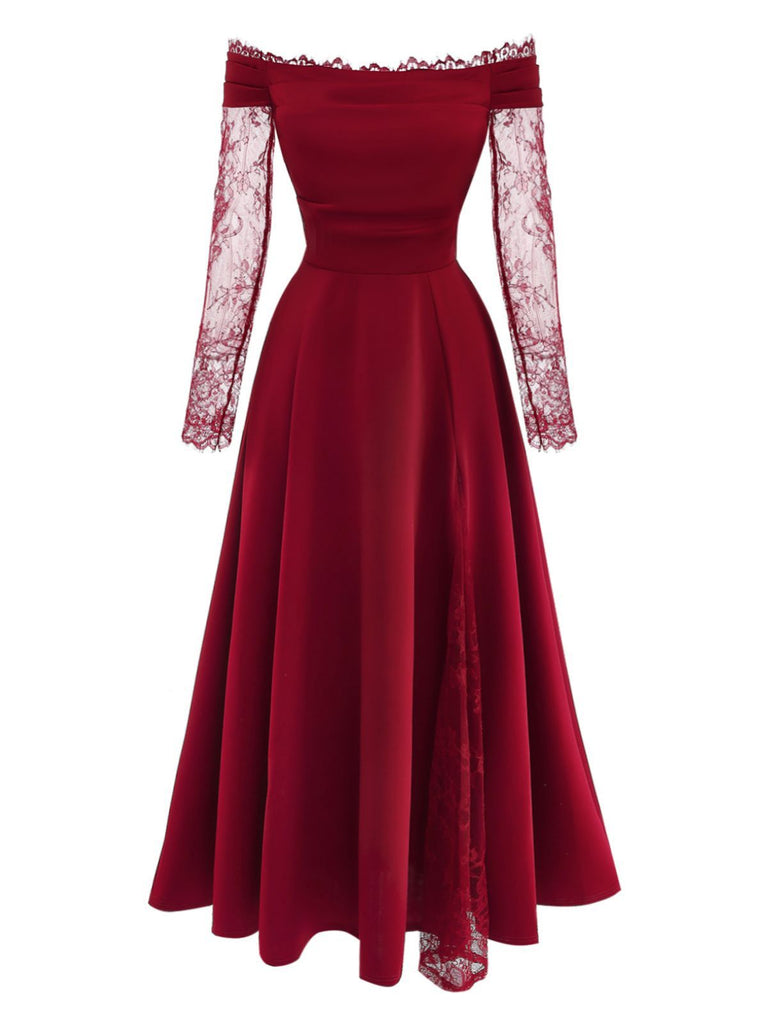 Bordeauxrot 1930er Schulterfrei Spitze Langarm Kleid