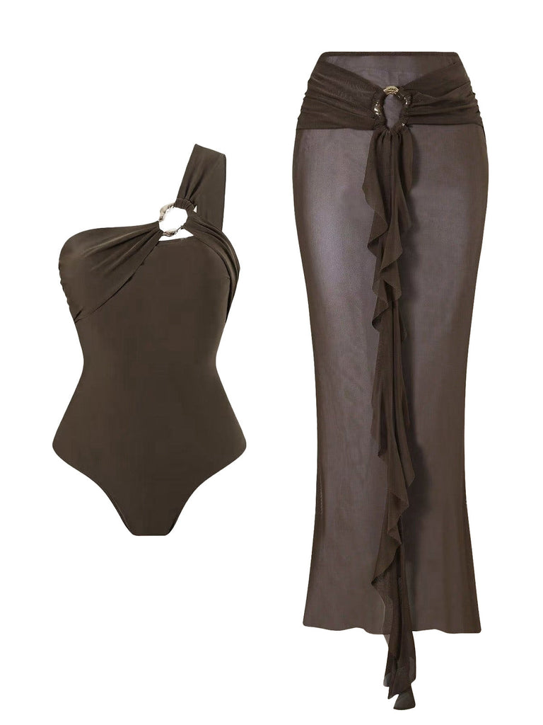Brauner 30er Badeanzug & Rüschen-Cover-Up