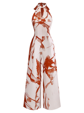 Brauner 30er Ärmelloses Jumpsuit mit Blumen-Print und Neckholder