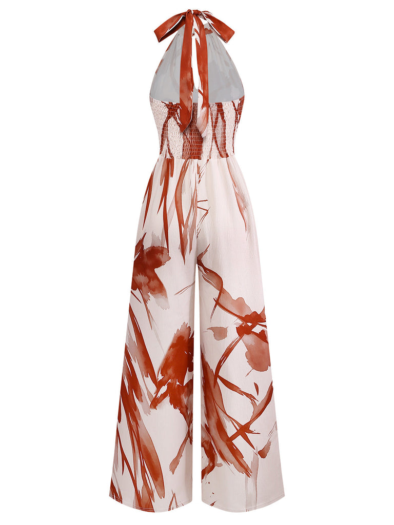 Brauner 30er Ärmelloses Jumpsuit mit Blumen-Print und Neckholder