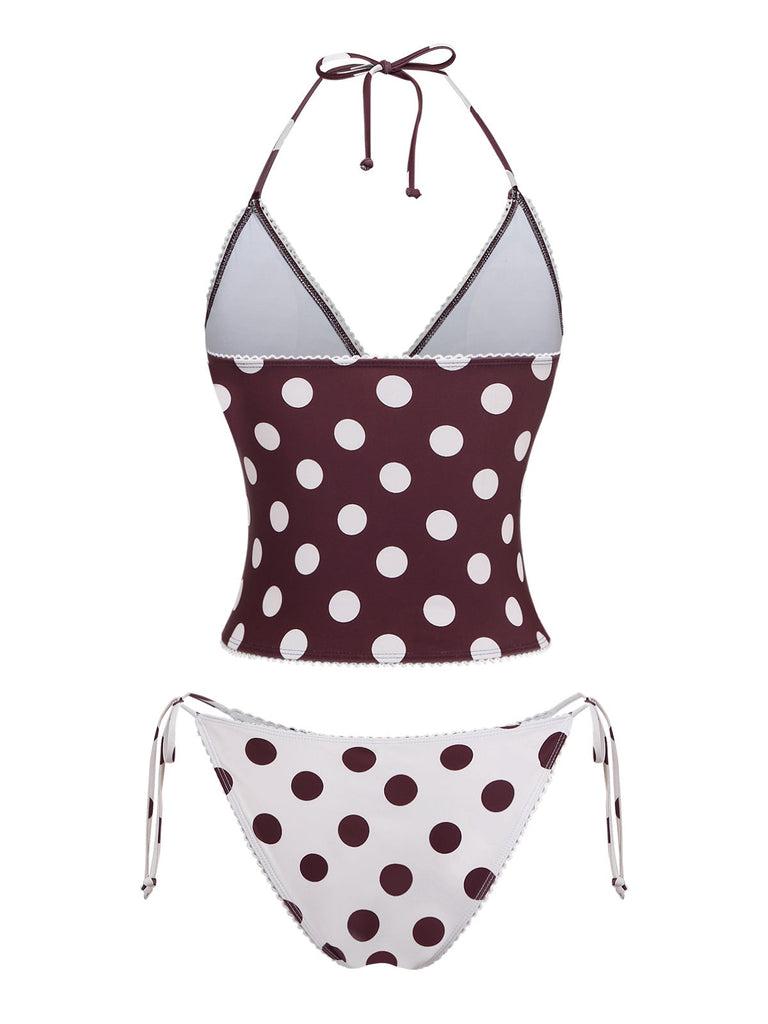 Brown-1940er-Jahre-Polka-Dot-Neckholder-Tankini-Set-back-Ansicht