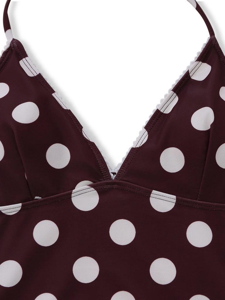 Brauner 1940er-Jahre-Polka-Dot-Neckholder-Tankini-Set-Ausschnitt