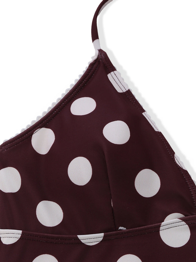 Braunes 1940er-Jahre-Polka-Dot-Neckholder-Tankini-Set-Pad