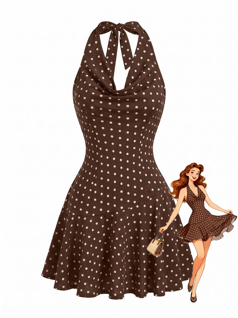 Braunes 60er Minikleid mit Polka-Dots und Faltenausschnitt