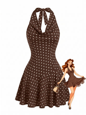 Braunes 60er Minikleid mit Polka-Dots und Faltenausschnitt