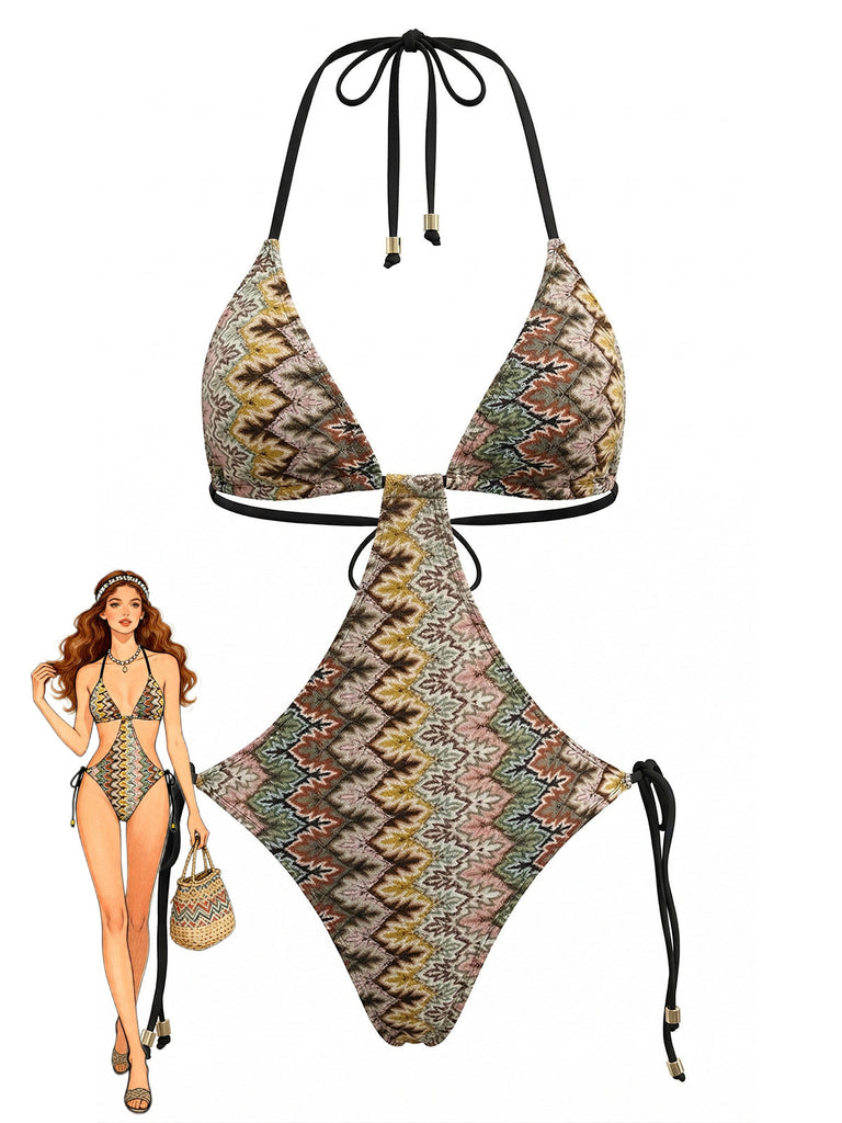 Brauner 70er Boho Badeanzug mit gerafft und Print