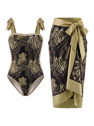 Brauner 70er Badeanzug & Cover-Up mit Print und Zebra