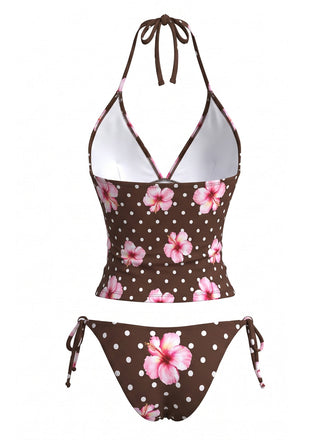 Braun 80er Bikini-Set & Shorts mit Polka-Dots und Neckholder