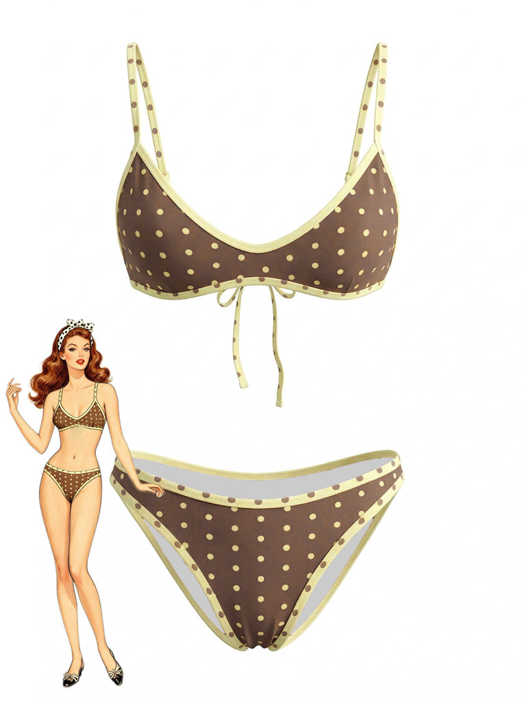 Braunes 80er Bikini-Set mit Polka-Dots und Farbblock