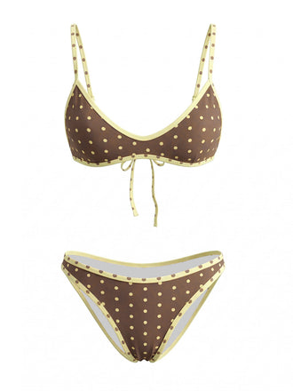 Braunes 80er Bikini-Set mit Polka-Dots und Farbblock