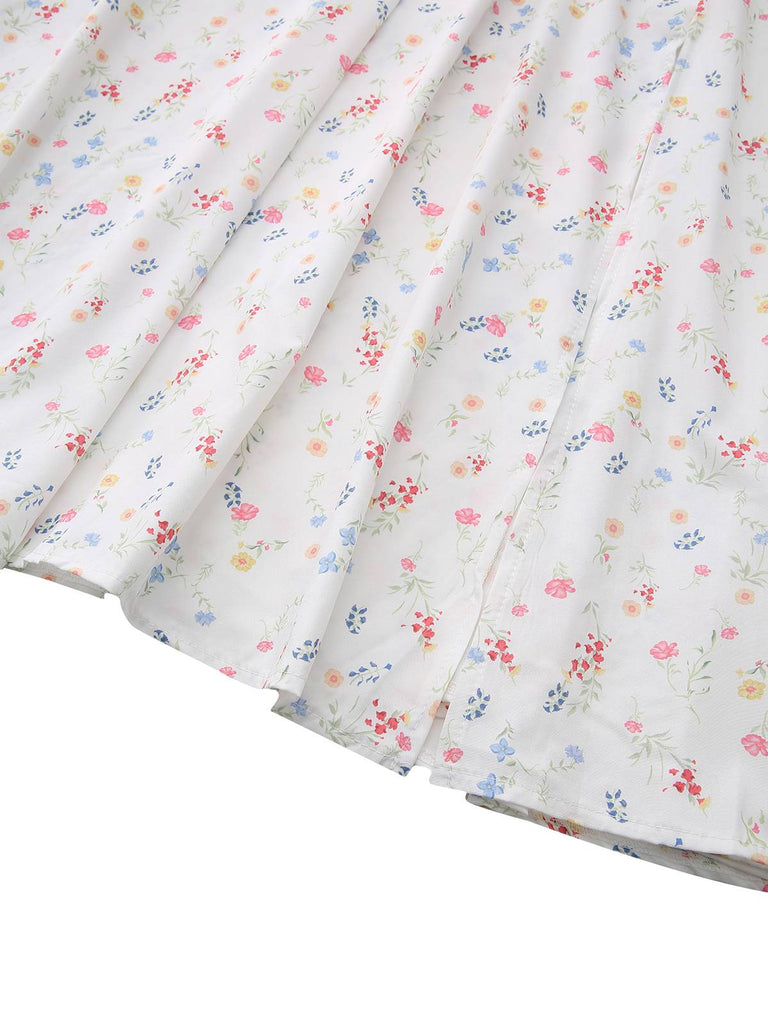 Weiß 1930er Blumen Quadratischer Hals Puffärmel Kleid