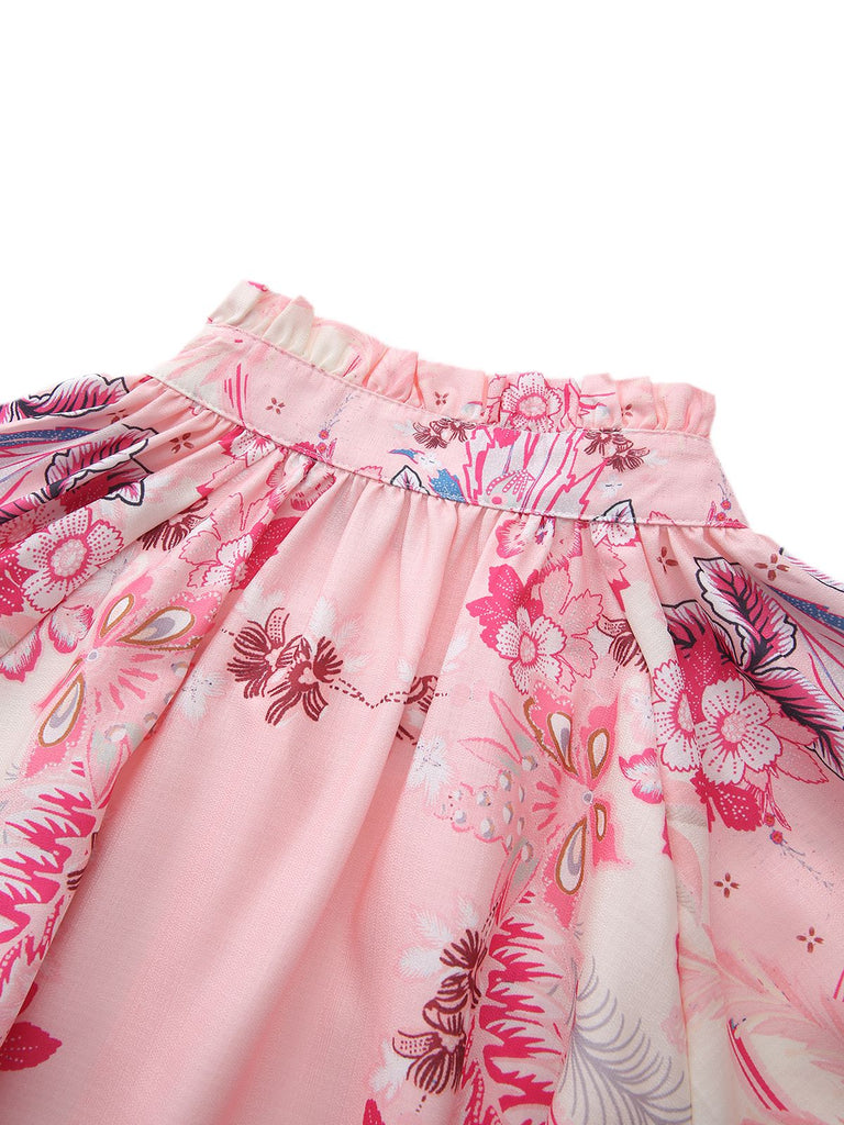 2PCS Rosa 1970er Bohemian Blumen Bluse & Hochgeschnitten Shorts