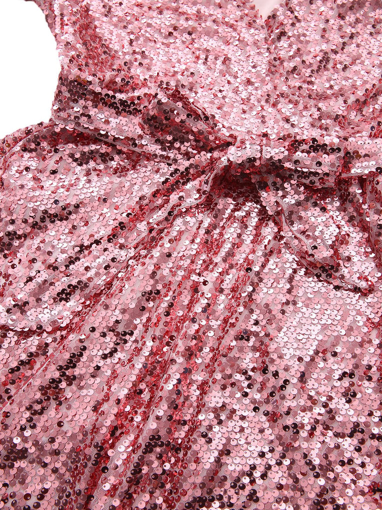 [Vorverkauf] Rosa 1970er V-Ausschnitt Schlagärmel Pailletten Disco Kleid