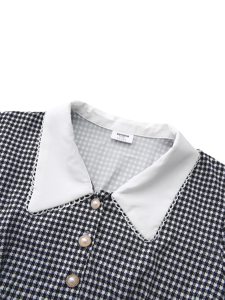 [Vorverkauf] Schwarz 1940er Hahnentritt Puffärmel Perlen Taste Kleid