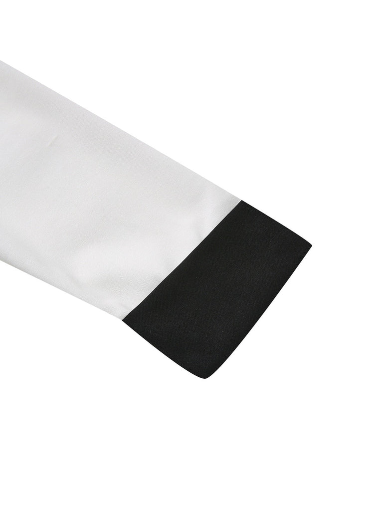 Weiß & Schwarz 1940er Tief V-Ausschnitt Gekerbt Taste Kleid