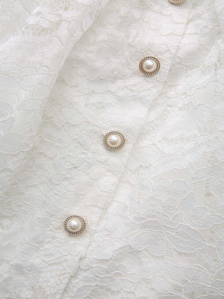 Weiß 1950er Tief V Spitze 3D Rose Halter Revers Kleid