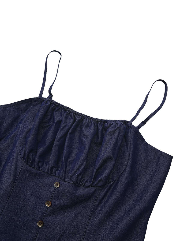 Blau 1960er Spaghetti Träger Gerafft Mini Kleid