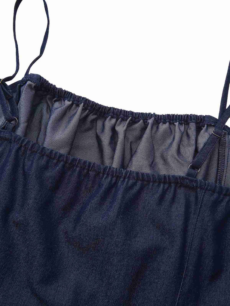 Blau 1960er Spaghetti Träger Gerafft Mini Kleid